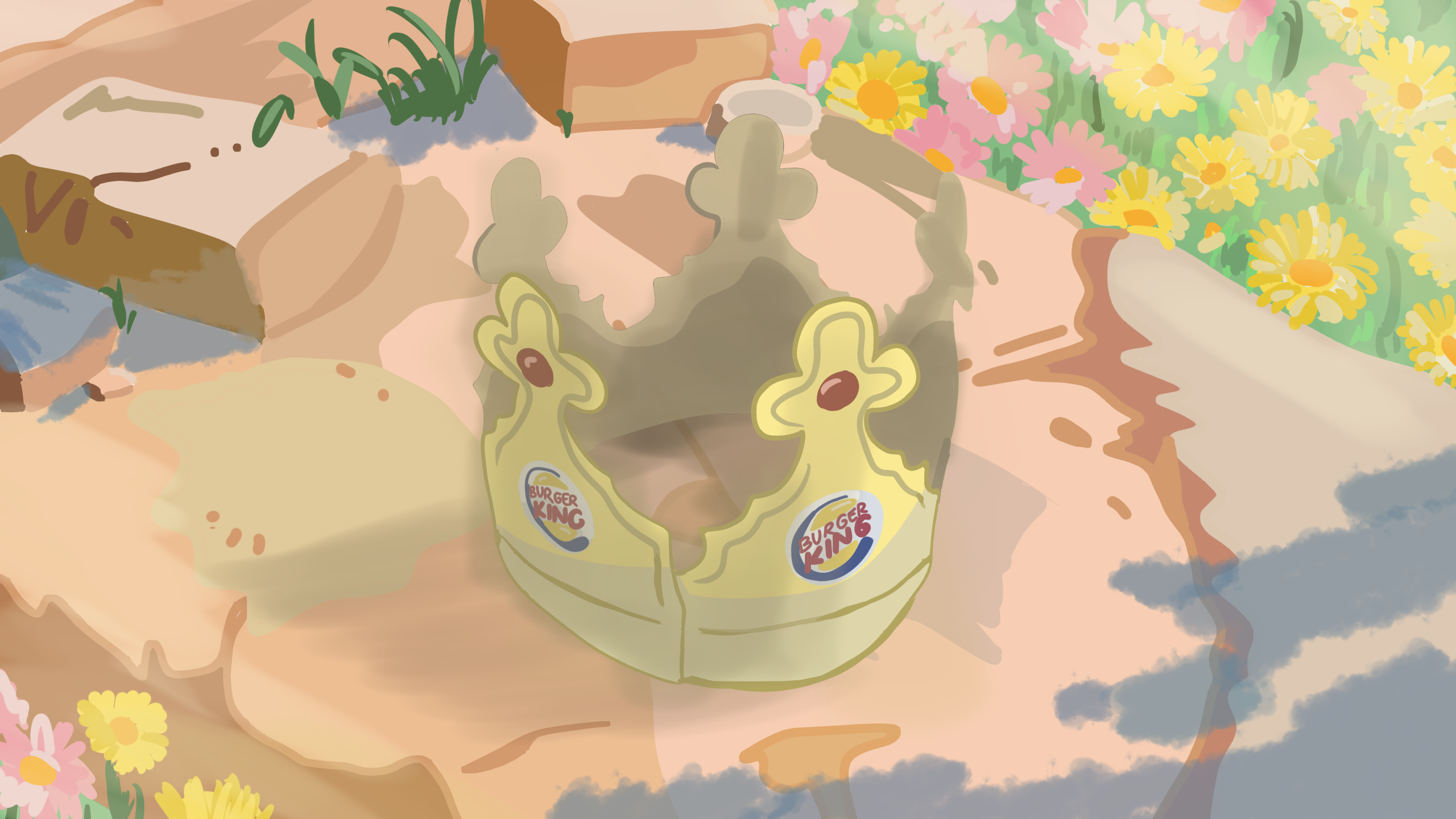 Painted Burger King crown among flowers