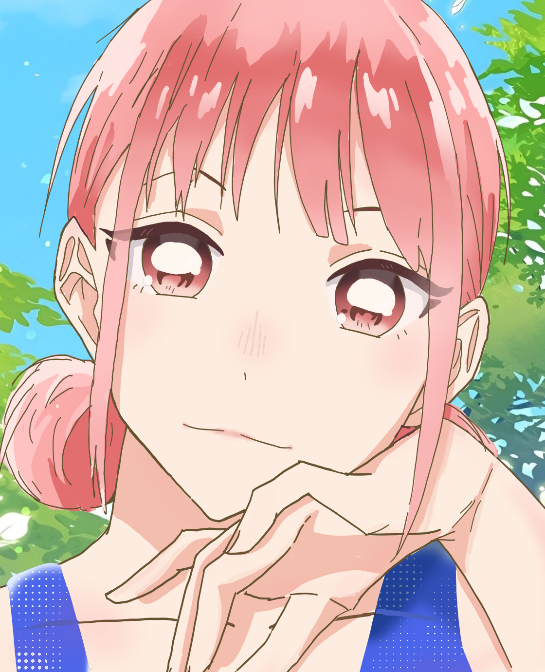 Anime girl with pink hair in a blue swimsuit