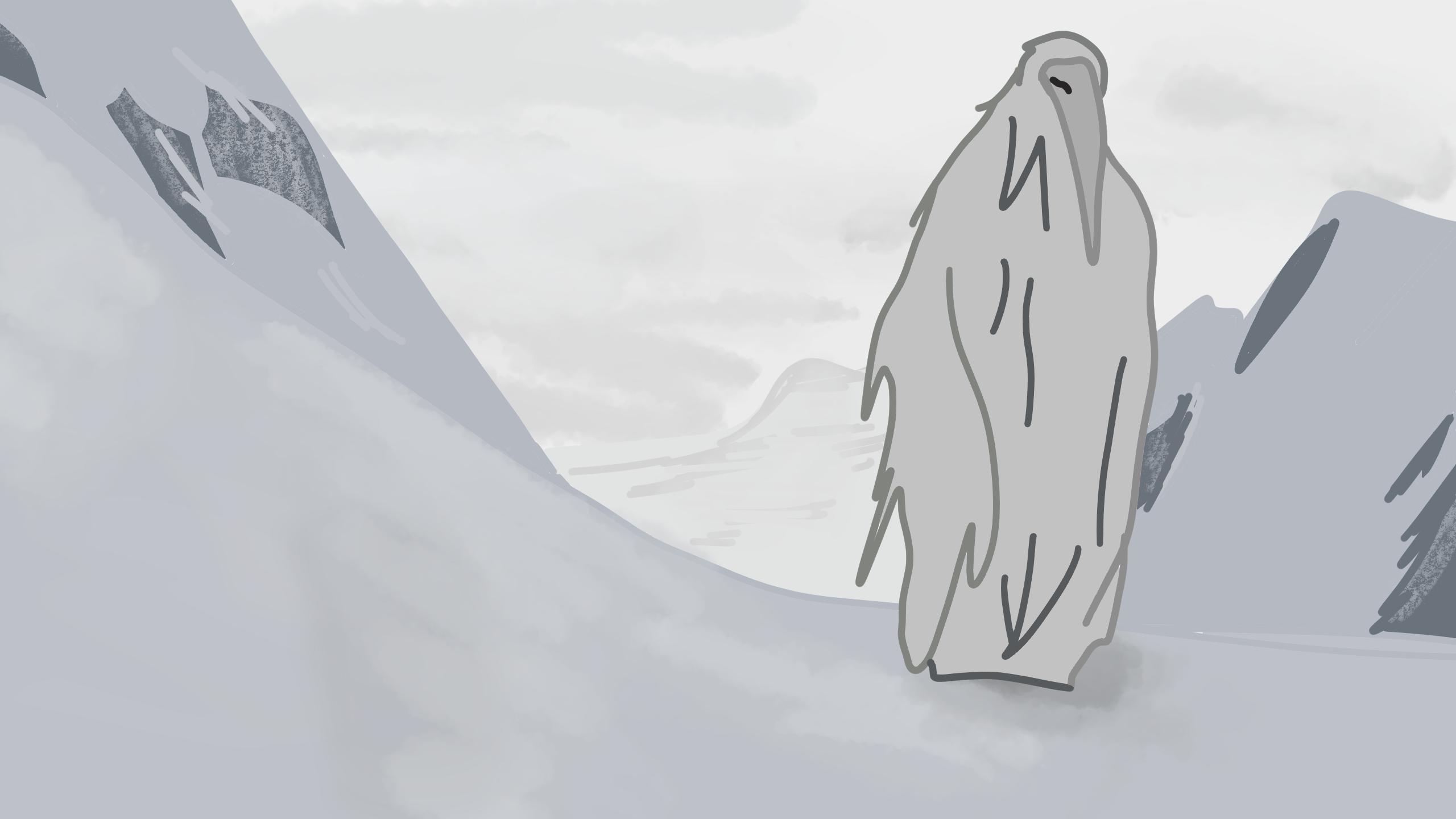 Minimal cloaked figure in a snowy mountain landscape